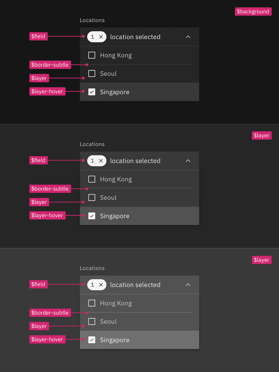 Layer set tokens applied to dropdown in the Gray 100 theme